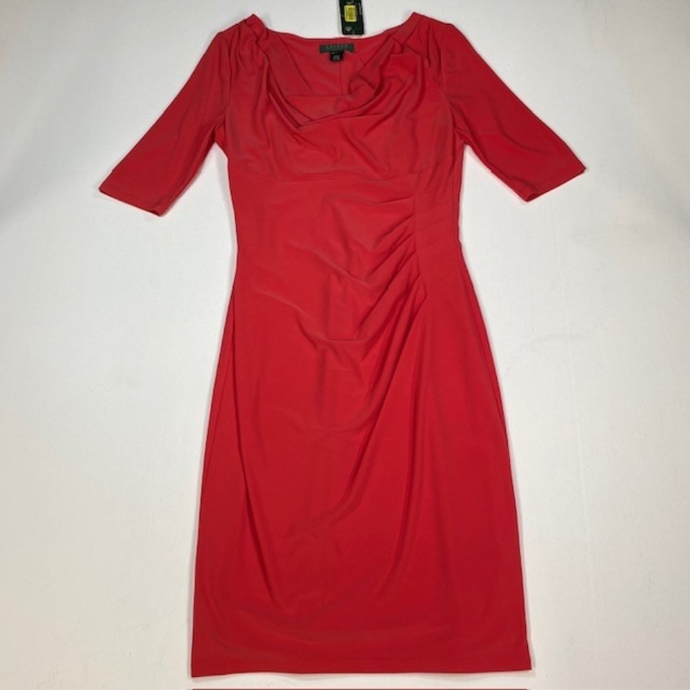 Lauren Ralph Lauren Tigerlily Red Cowl Neck Ruched Sheath Dress Size 8 NEW